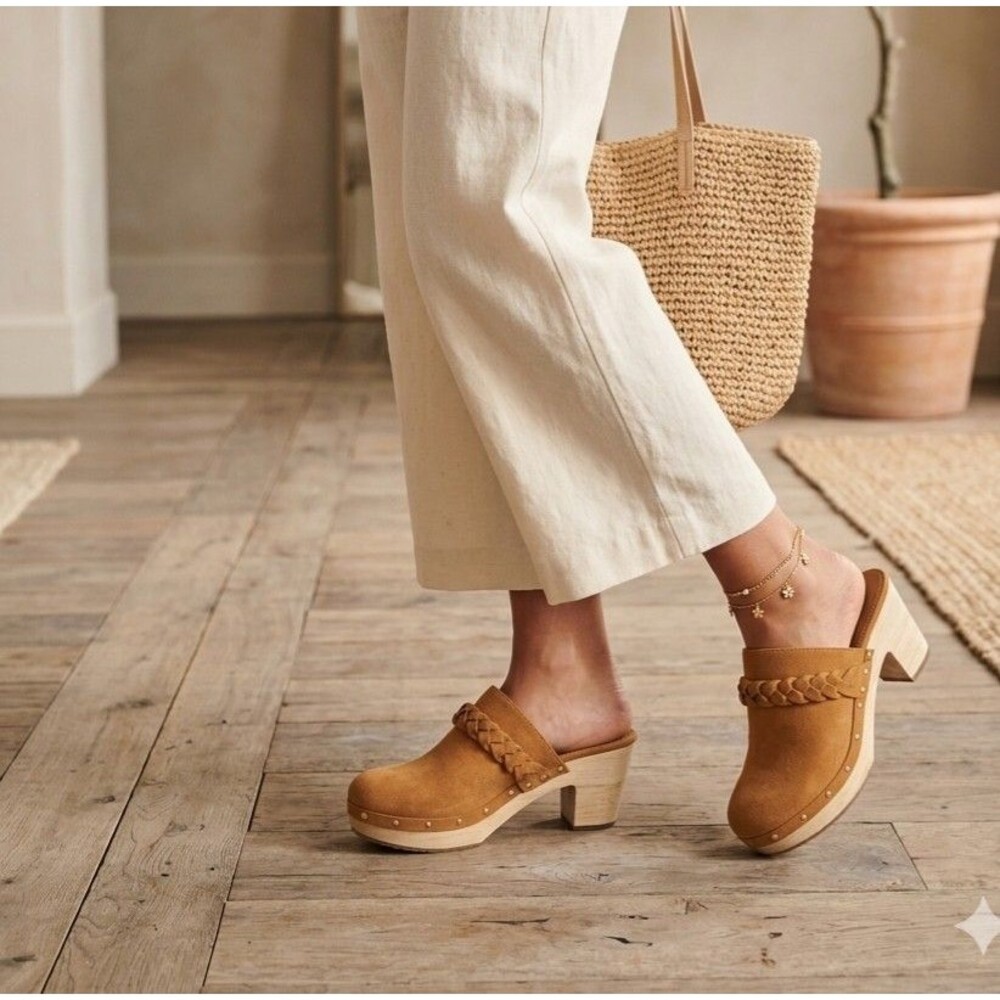 J.Crew Sueded Wooden Platform Heel Clogs Womens Camel TAN Textile Slip on Sz 7